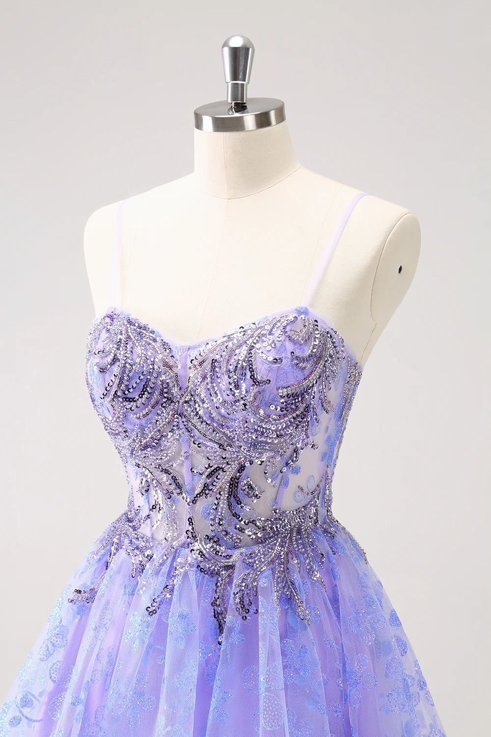 Amzcw Sparkly Lilac A Line Corset Floral Short Homecoming Dress with Sequins
