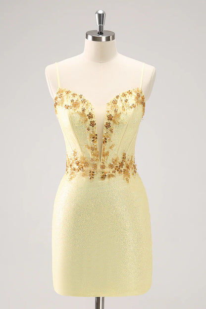 Amzcw Sparkly Yellow Bodycon Corset Short Homecoming Dress with Beading