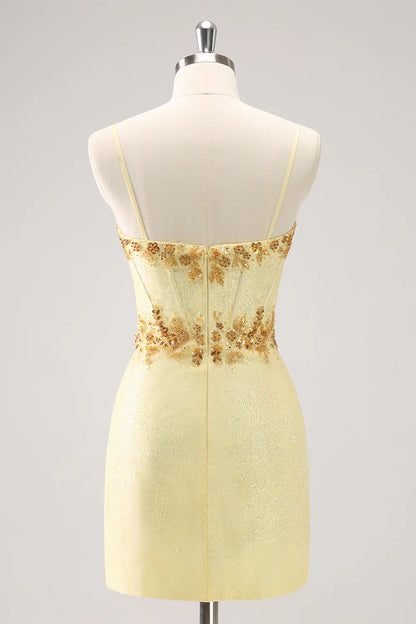 Amzcw Sparkly Yellow Bodycon Corset Short Homecoming Dress with Beading