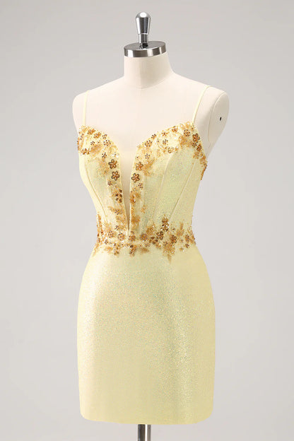 Amzcw Sparkly Yellow Bodycon Corset Short Homecoming Dress with Beading