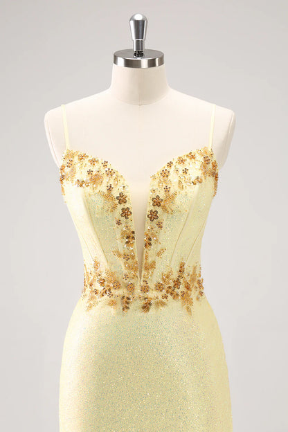 Amzcw Sparkly Yellow Bodycon Corset Short Homecoming Dress with Beading