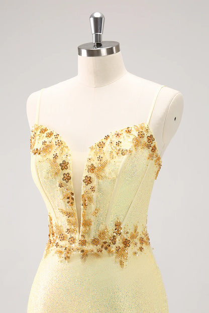 Amzcw Sparkly Yellow Bodycon Corset Short Homecoming Dress with Beading