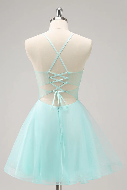 Amzcw Sparkly A Line Corset Sequin Short Green Homecoming Dress with Appliques