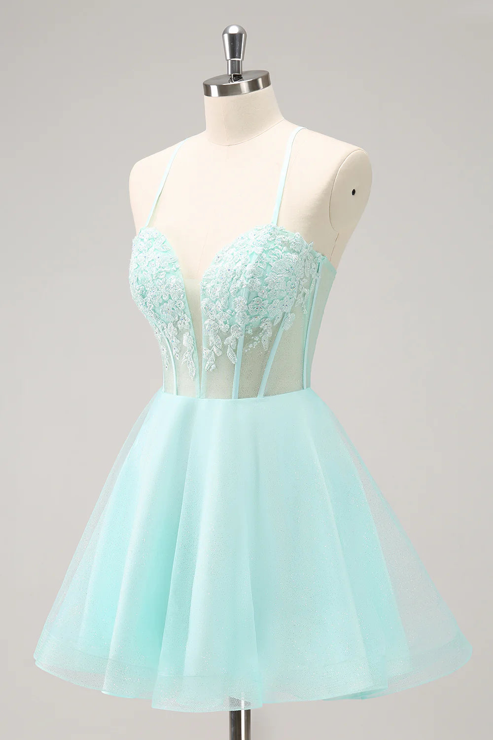 Amzcw Sparkly A Line Corset Sequin Short Green Homecoming Dress with Appliques