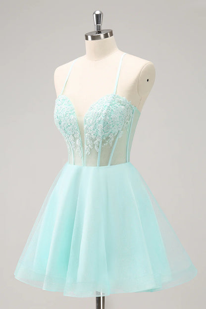 Amzcw Sparkly A Line Corset Sequin Short Green Homecoming Dress with Appliques