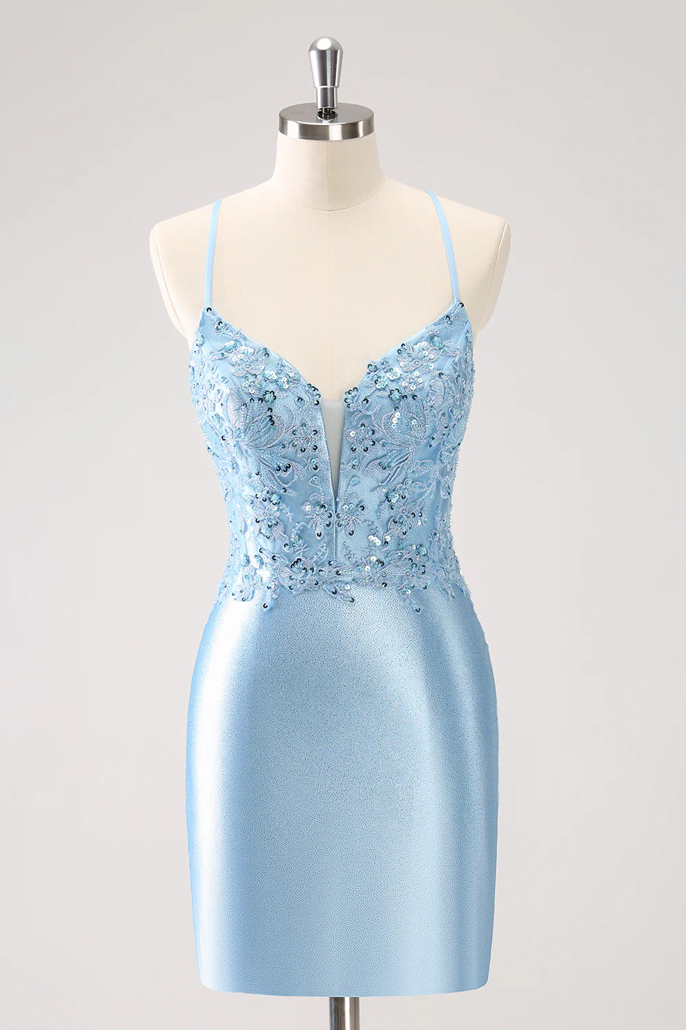 Amzcw Blue Bodycon Lace Up Back Sequin Short Homecoming Dress with Appliques