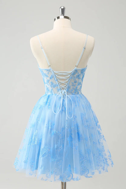 Amzcw Cute Blue A Line Glow In The Dark Homecoming Dress with Butterflies Pattern