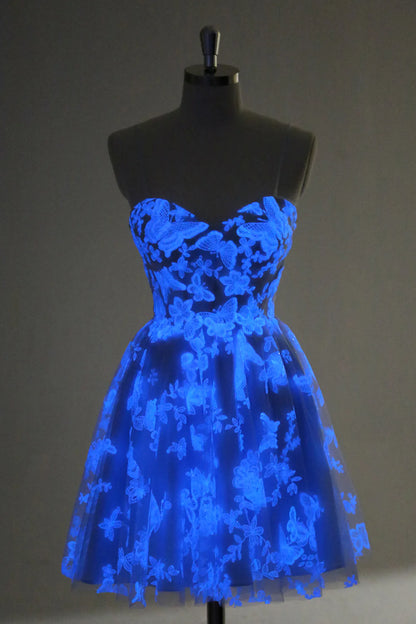 Amzcw Cute Blue A Line Glow In The Dark Homecoming Dress with Butterflies Pattern