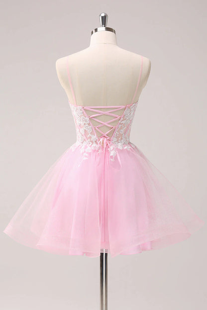 Amzcw Pink A Line Spaghetti Straps Tulle Corset Homecoming Dress with Appliques