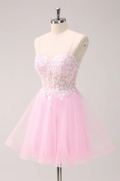 Amzcw Pink A Line Spaghetti Straps Tulle Corset Homecoming Dress with Appliques
