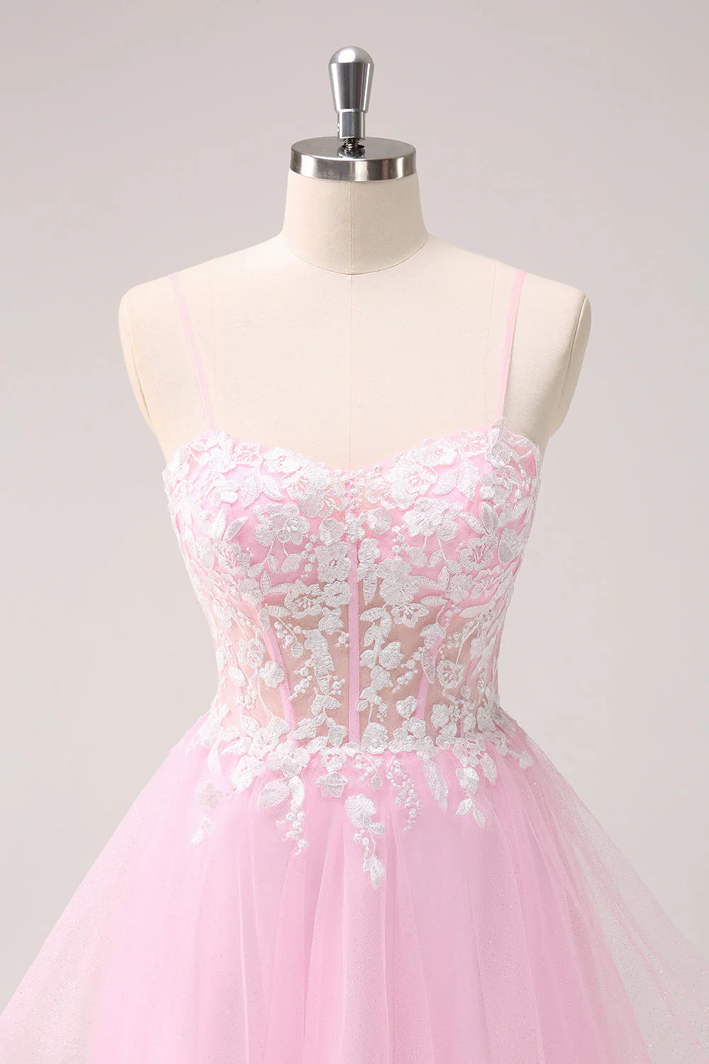 Amzcw Pink A Line Spaghetti Straps Tulle Corset Homecoming Dress with Appliques