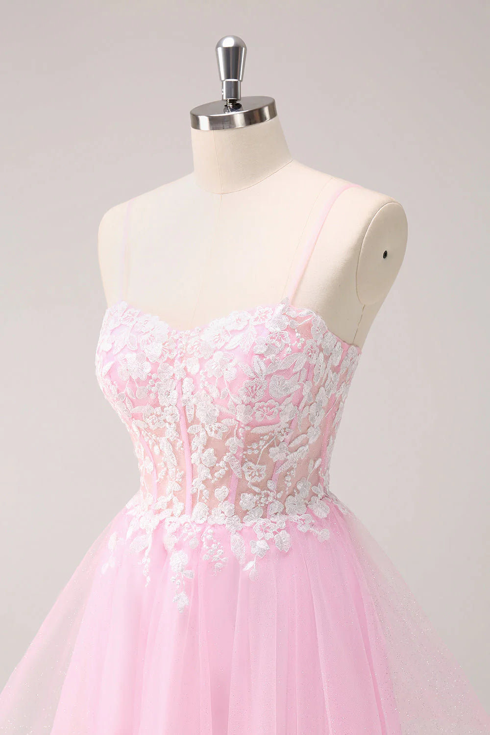 Amzcw Pink A Line Spaghetti Straps Tulle Corset Homecoming Dress with Appliques
