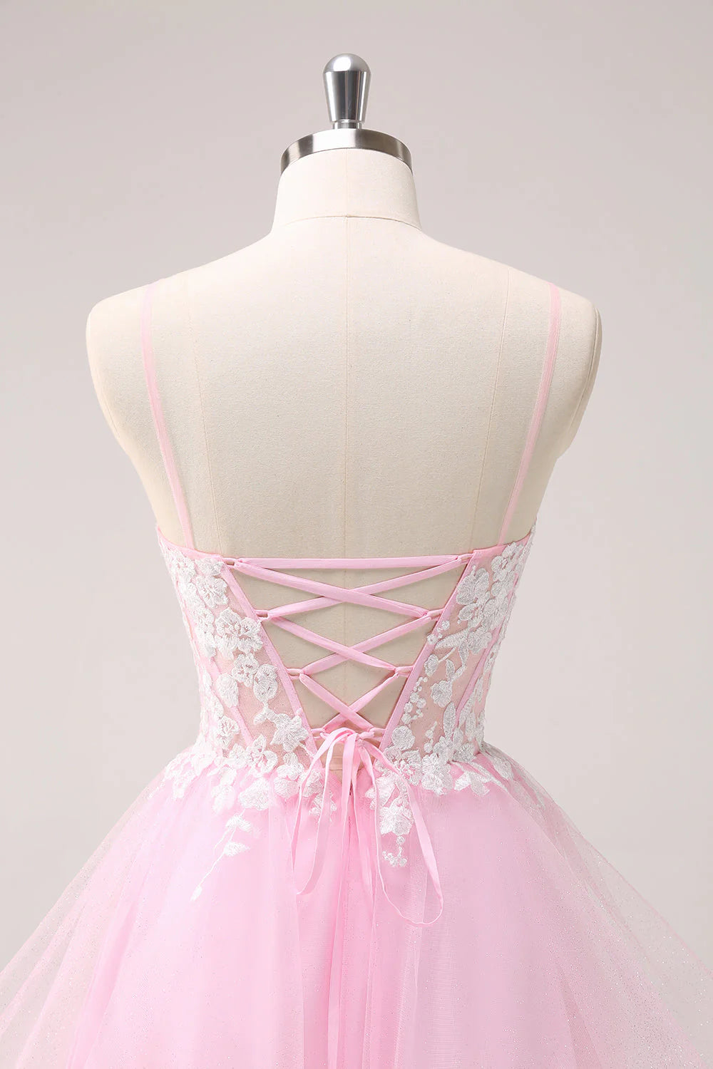 Amzcw Pink A Line Spaghetti Straps Tulle Corset Homecoming Dress with Appliques