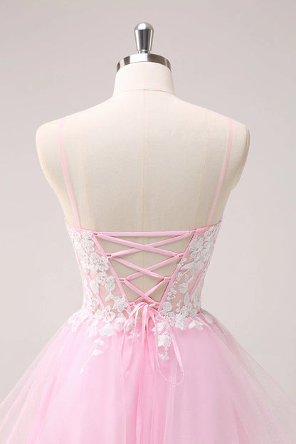 Amzcw Pink A Line Spaghetti Straps Tulle Corset Homecoming Dress with Appliques