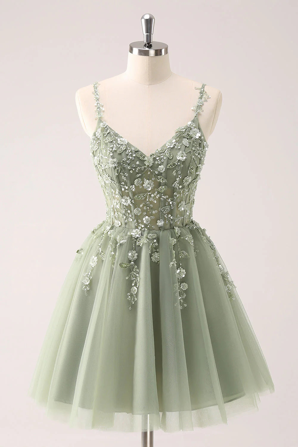 Amzcw Green A Line Spaghetti Straps Tulle Corset Sequins Homecoming Dress with Appliques