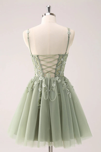 Amzcw Green A Line Spaghetti Straps Tulle Corset Sequins Homecoming Dress with Appliques