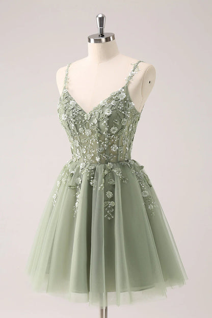 Amzcw Green A Line Spaghetti Straps Tulle Corset Sequins Homecoming Dress with Appliques