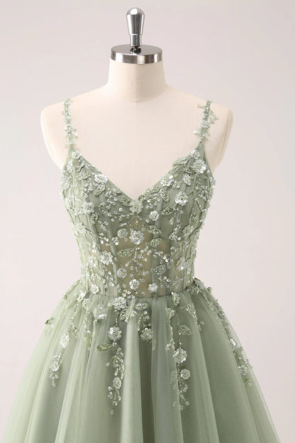 Amzcw Green A Line Spaghetti Straps Tulle Corset Sequins Homecoming Dress with Appliques
