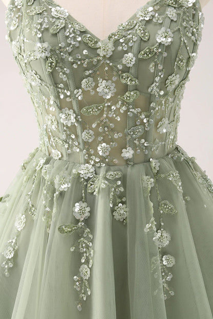 Amzcw Green A Line Spaghetti Straps Tulle Corset Sequins Homecoming Dress with Appliques