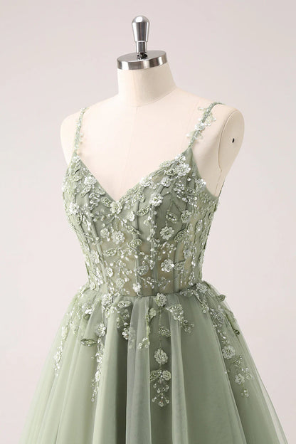 Amzcw Green A Line Spaghetti Straps Tulle Corset Sequins Homecoming Dress with Appliques