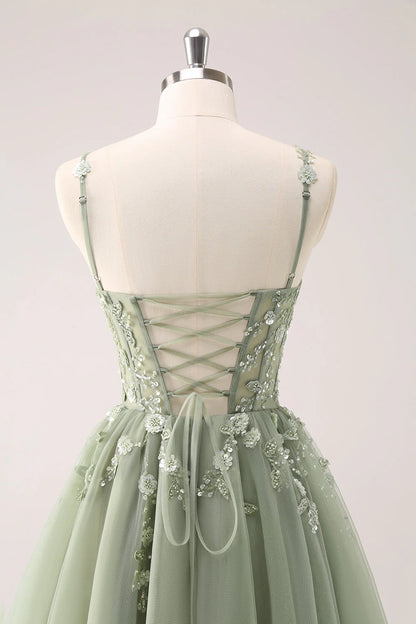 Amzcw Green A Line Spaghetti Straps Tulle Corset Sequins Homecoming Dress with Appliques