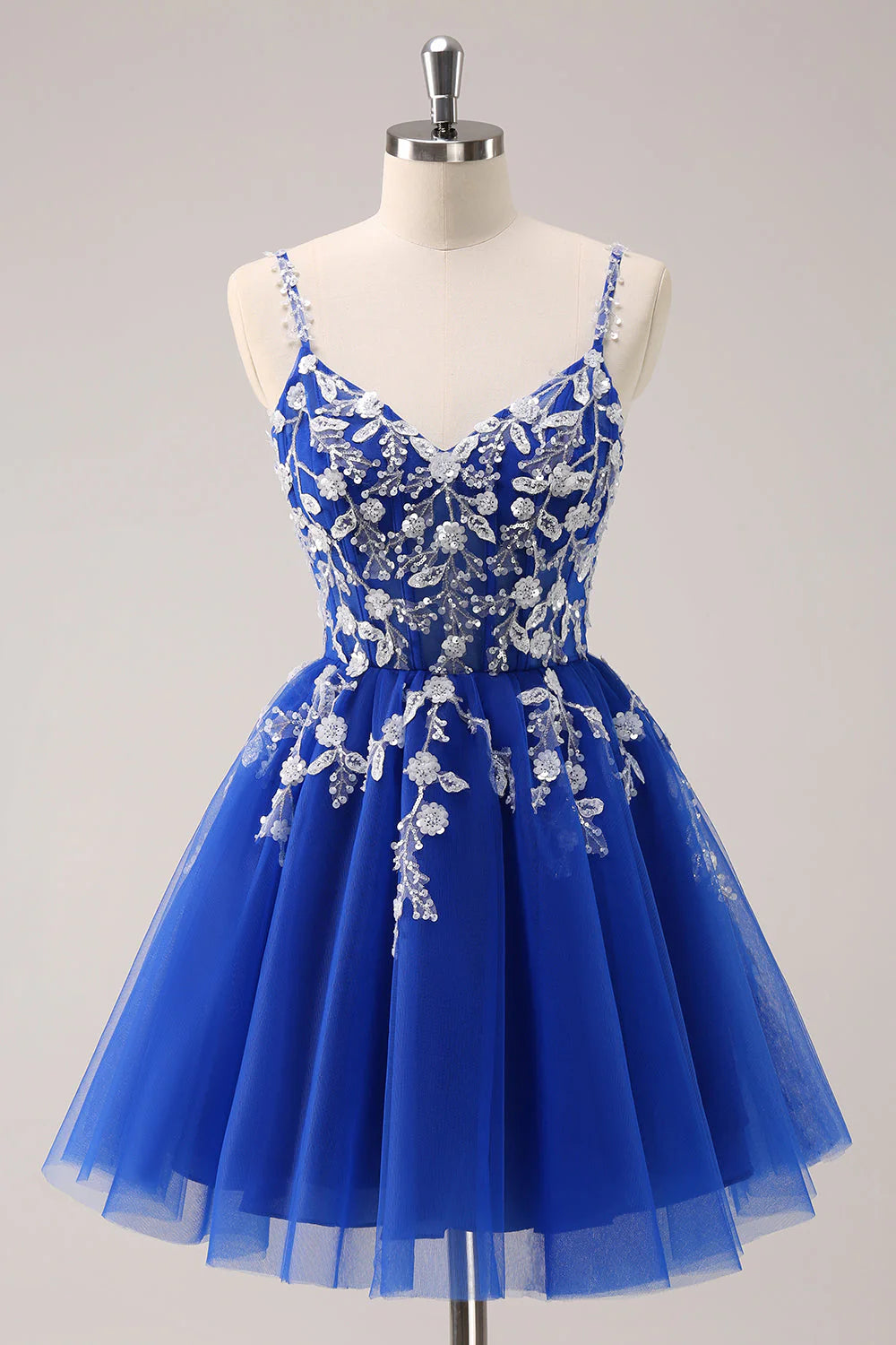 Amzcw Royal Blue A Line Spaghetti Straps Tulle Corset Sequins Homecoming Dress with Appliques