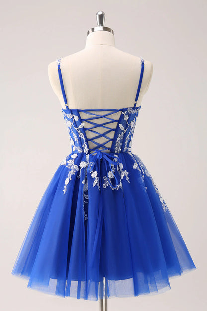 Amzcw Royal Blue A Line Spaghetti Straps Tulle Corset Sequins Homecoming Dress with Appliques