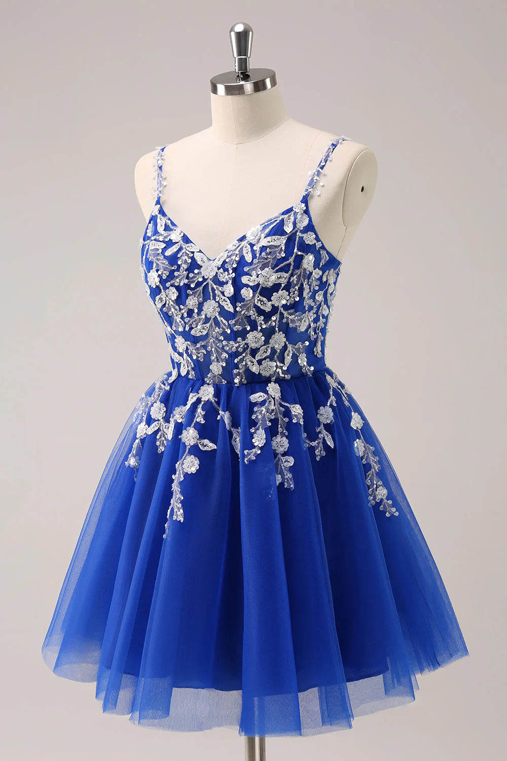 Amzcw Royal Blue A Line Spaghetti Straps Tulle Corset Sequins Homecoming Dress with Appliques