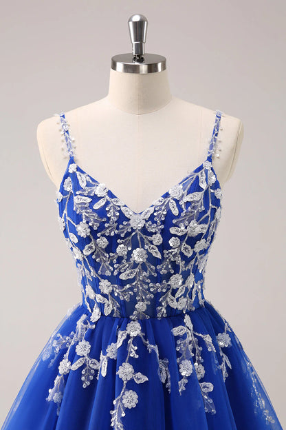 Amzcw Royal Blue A Line Spaghetti Straps Tulle Corset Sequins Homecoming Dress with Appliques
