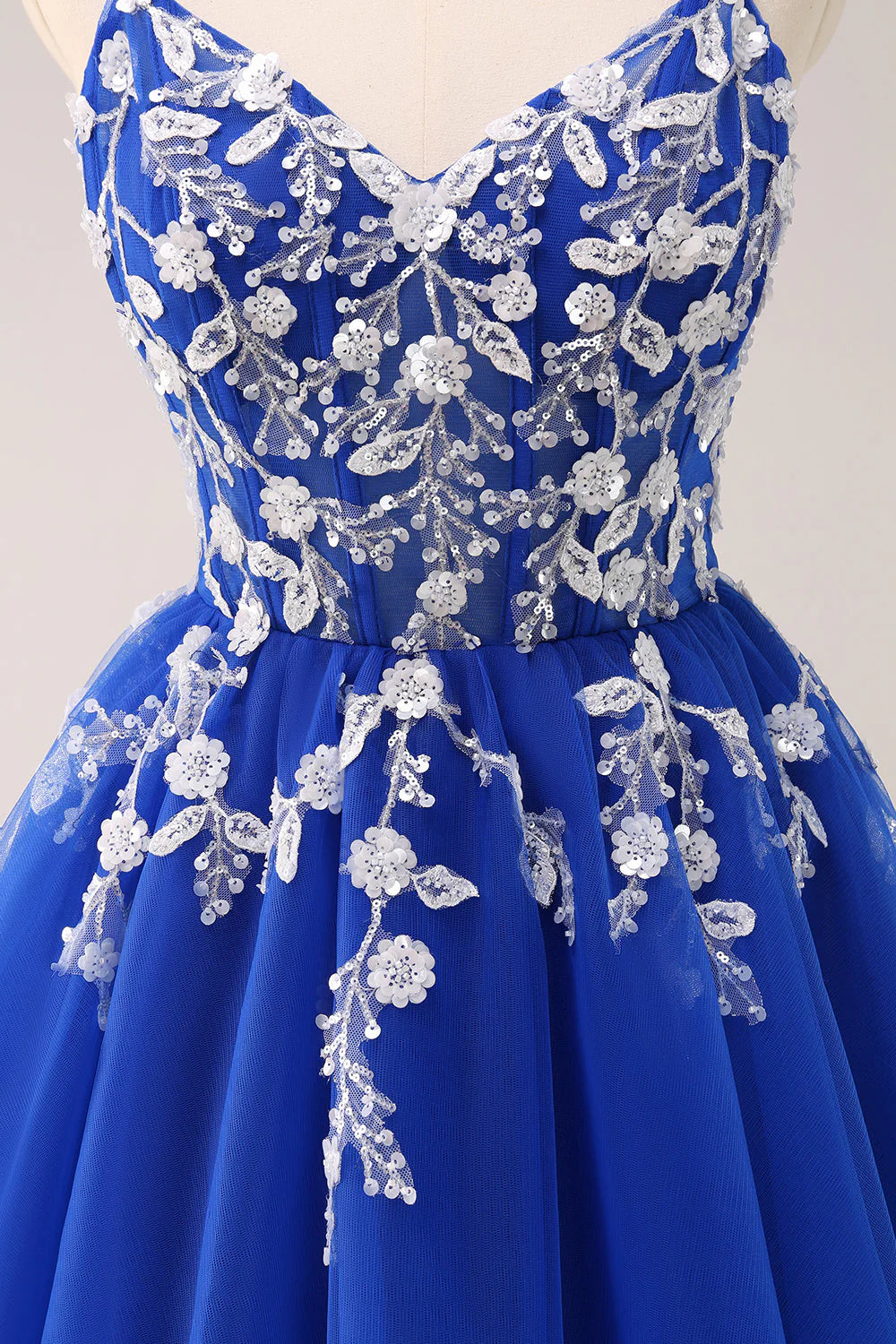 Amzcw Royal Blue A Line Spaghetti Straps Tulle Corset Sequins Homecoming Dress with Appliques