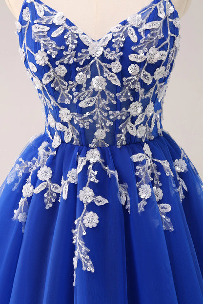 Amzcw Royal Blue A Line Spaghetti Straps Tulle Corset Sequins Homecoming Dress with Appliques