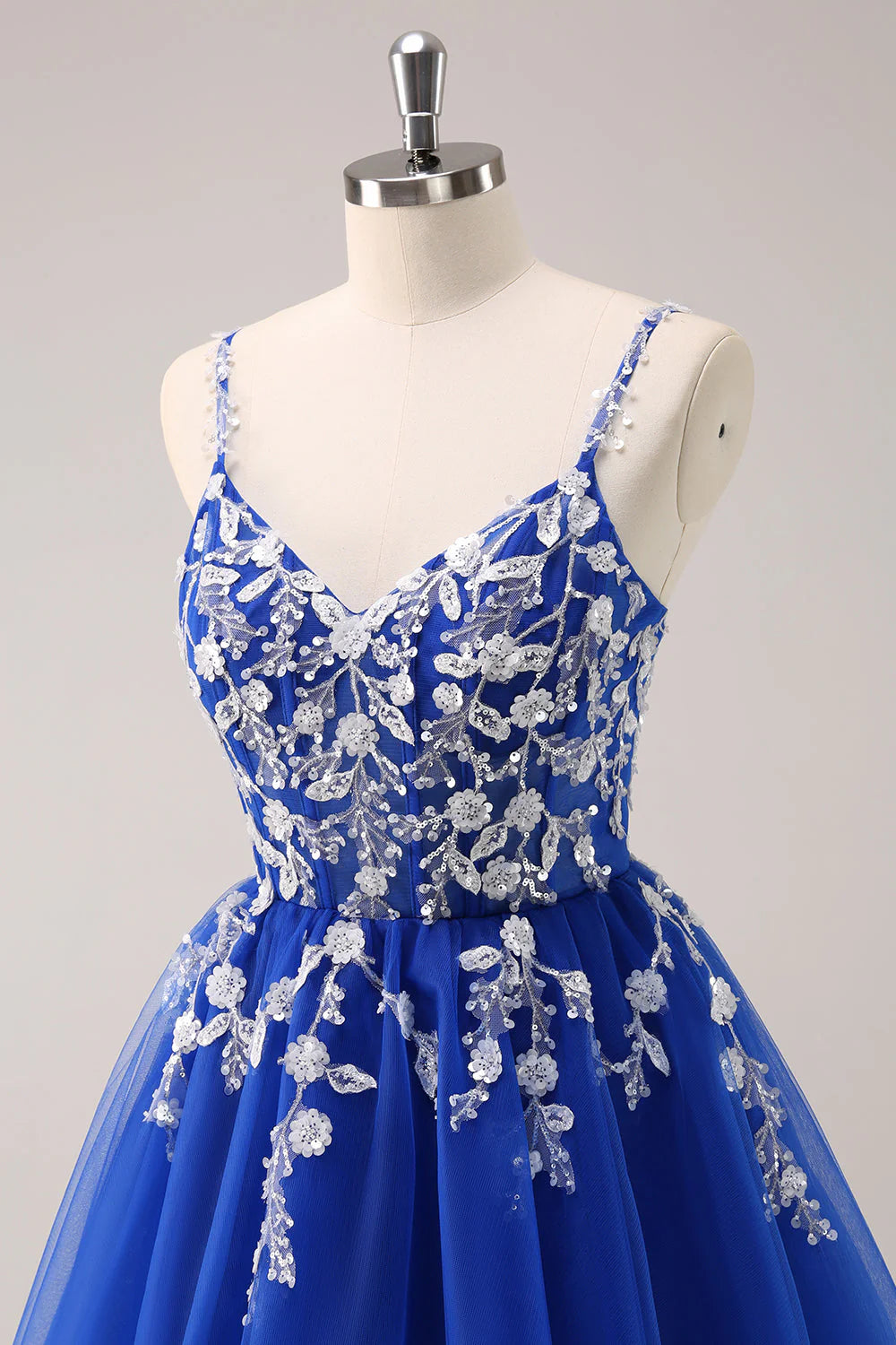 Amzcw Royal Blue A Line Spaghetti Straps Tulle Corset Sequins Homecoming Dress with Appliques
