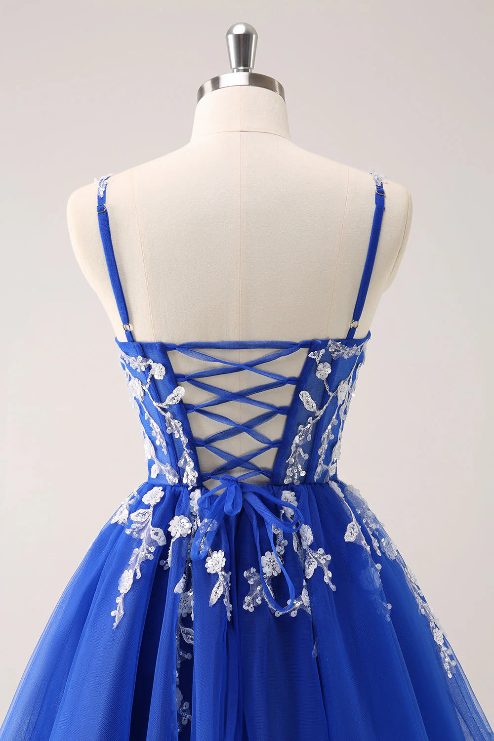 Amzcw Royal Blue A Line Spaghetti Straps Tulle Corset Sequins Homecoming Dress with Appliques