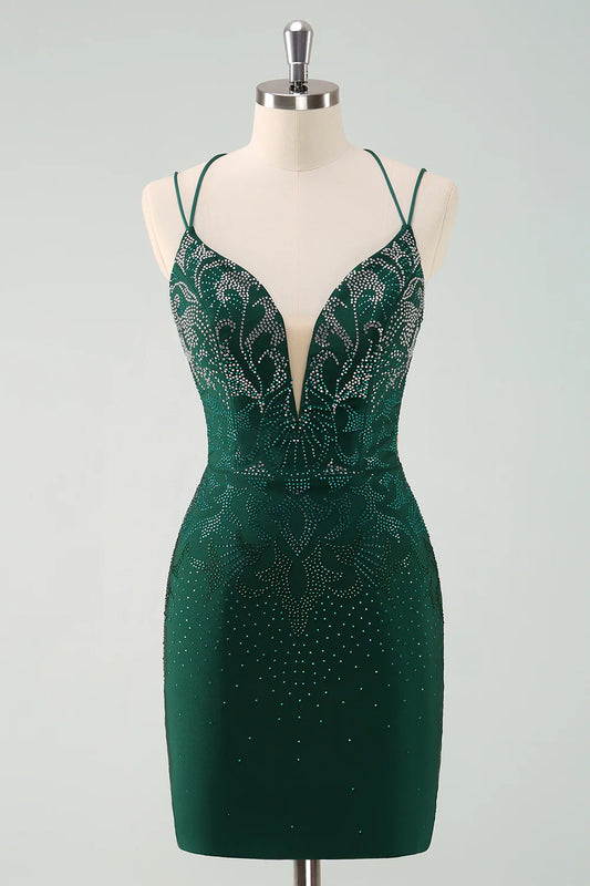 Amzcw Glitter Dark Green Tight Homecoming Dresses with Lace Up Back