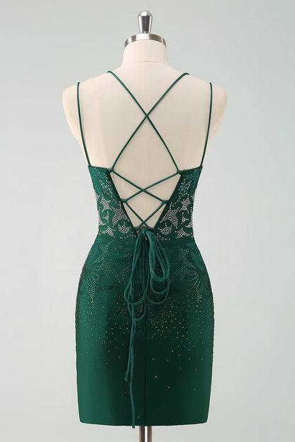Amzcw Glitter Dark Green Tight Homecoming Dresses with Lace Up Back