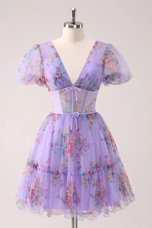 Amzcw Purple A-Line V Neck Corset Floral Homecoming Dress with Lace Up Back