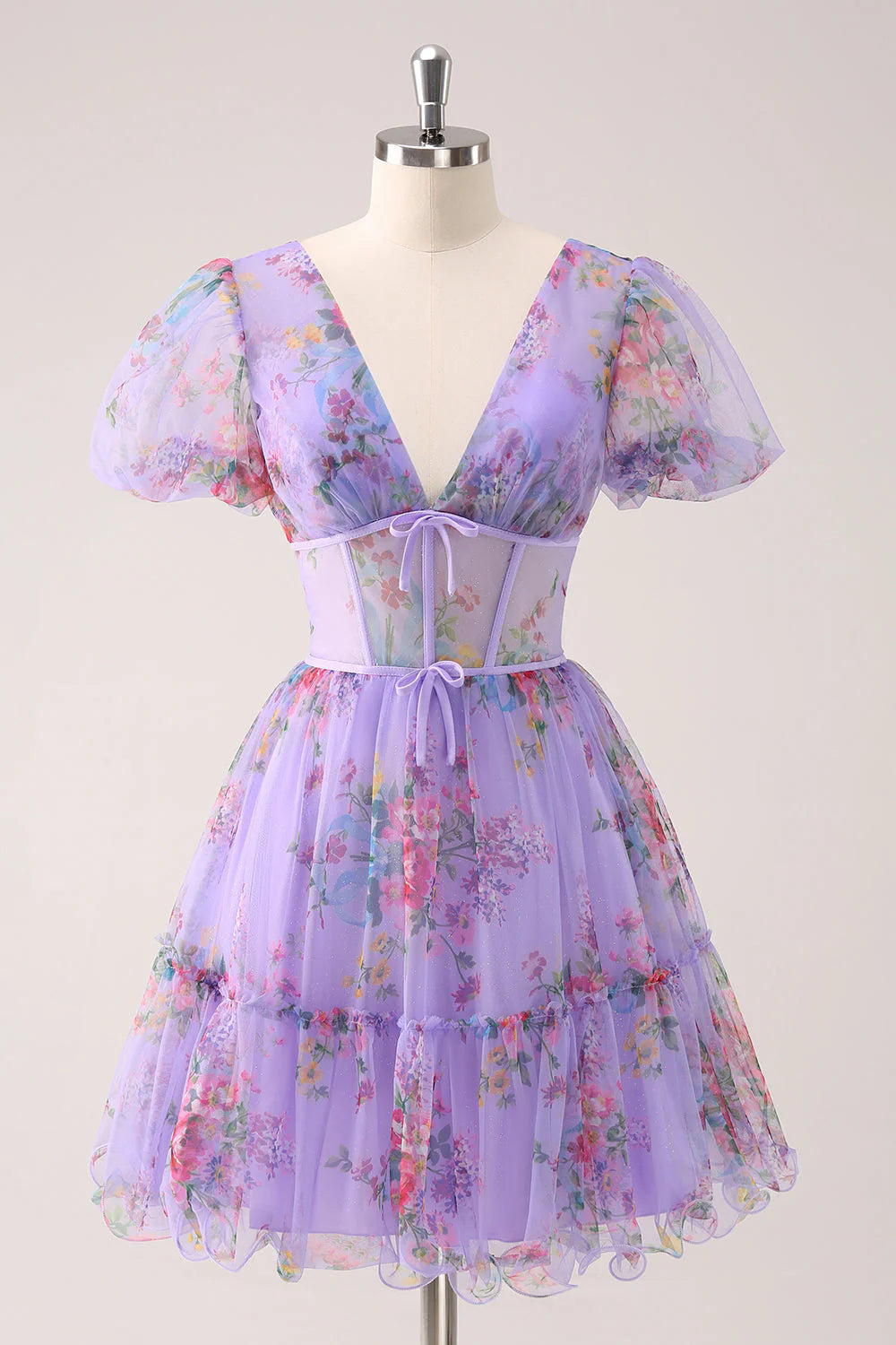 Amzcw Purple A-Line V Neck Corset Floral Homecoming Dress with Lace Up Back