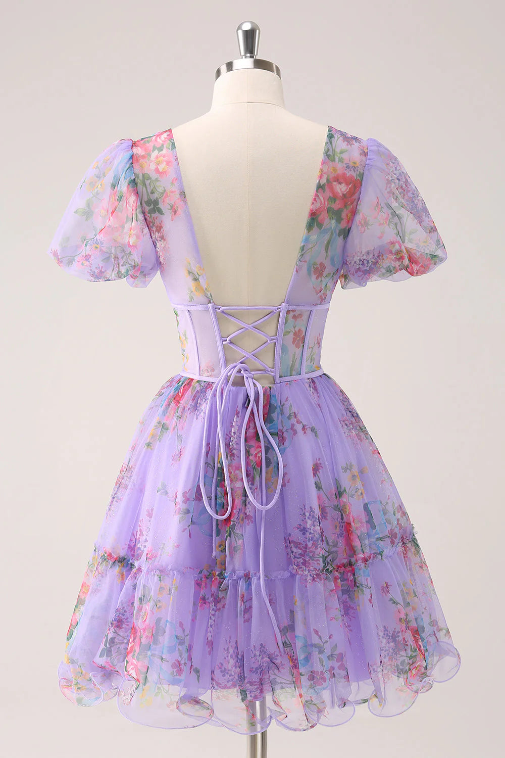 Amzcw Purple A-Line V Neck Corset Floral Homecoming Dress with Lace Up Back