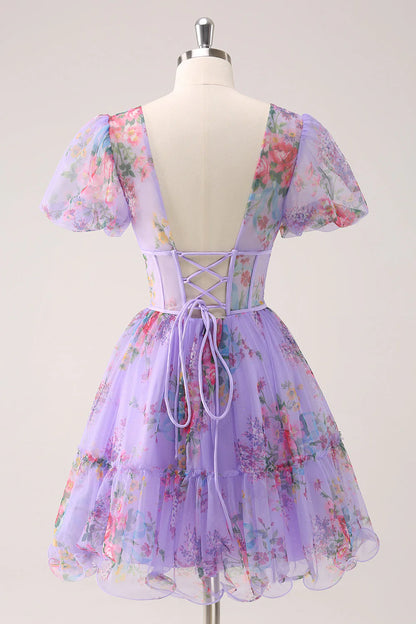 Amzcw Purple A-Line V Neck Corset Floral Homecoming Dress with Lace Up Back