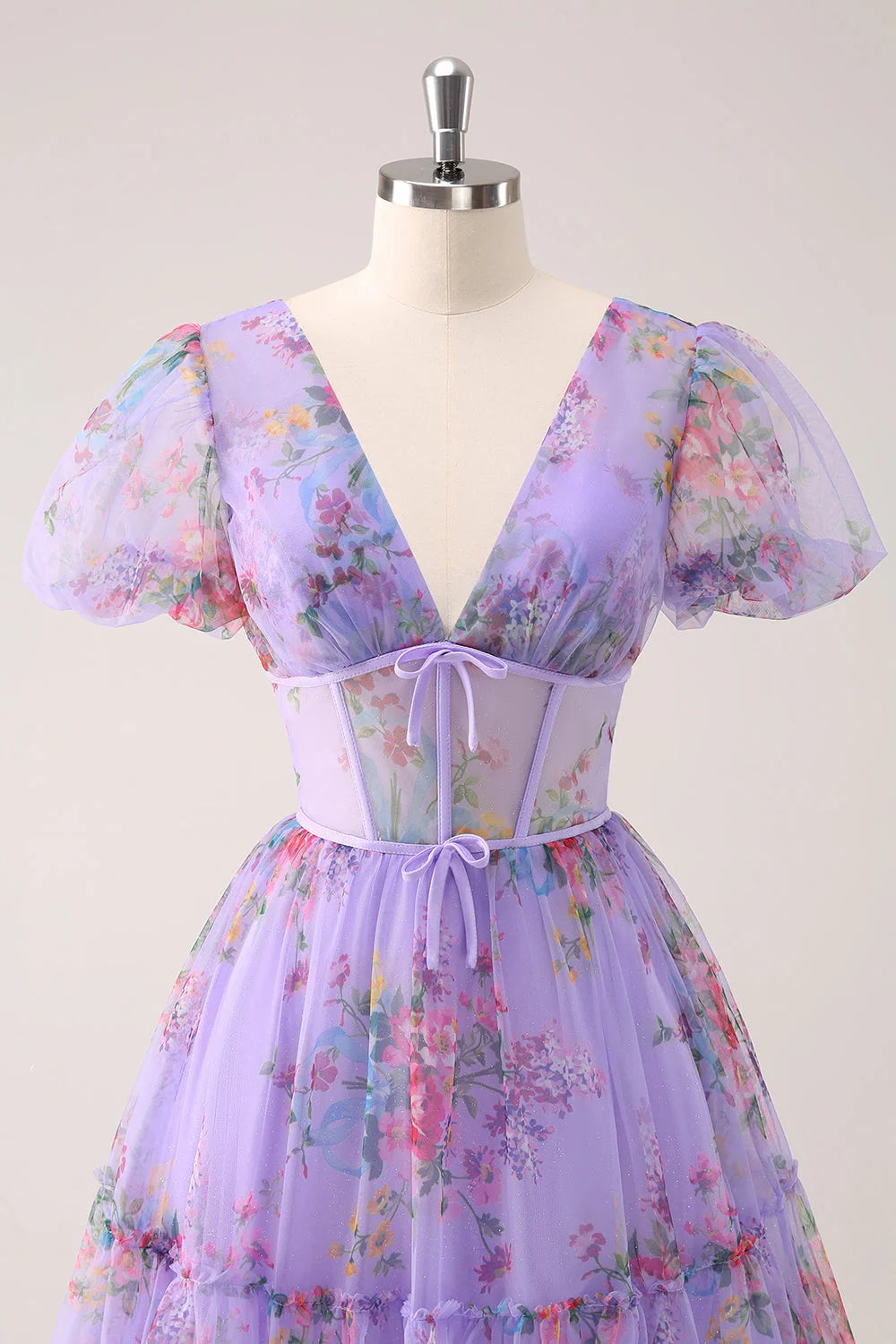 Amzcw Purple A-Line V Neck Corset Floral Homecoming Dress with Lace Up Back