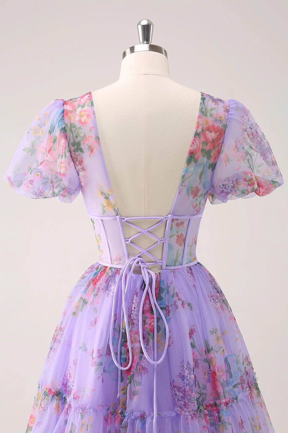 Amzcw Purple A-Line V Neck Corset Floral Homecoming Dress with Lace Up Back