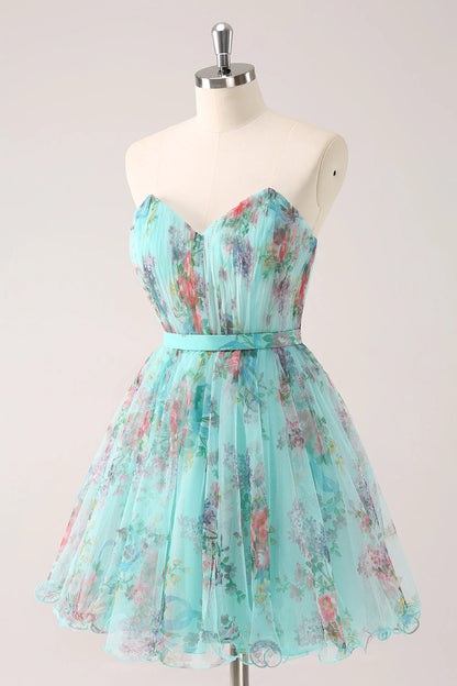 Amzcw Fluffy A Line Green Strapless Ruched Floral Short Homecoming Dress with Bow