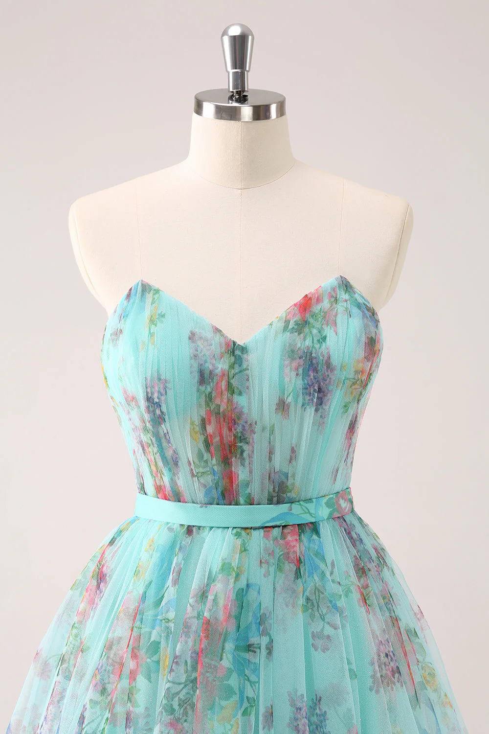 Amzcw Fluffy A Line Green Strapless Ruched Floral Short Homecoming Dress with Bow