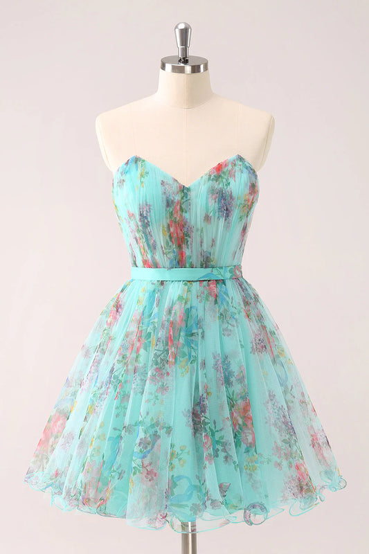 Amzcw Fluffy A Line Green Strapless Ruched Floral Short Homecoming Dress with Bow