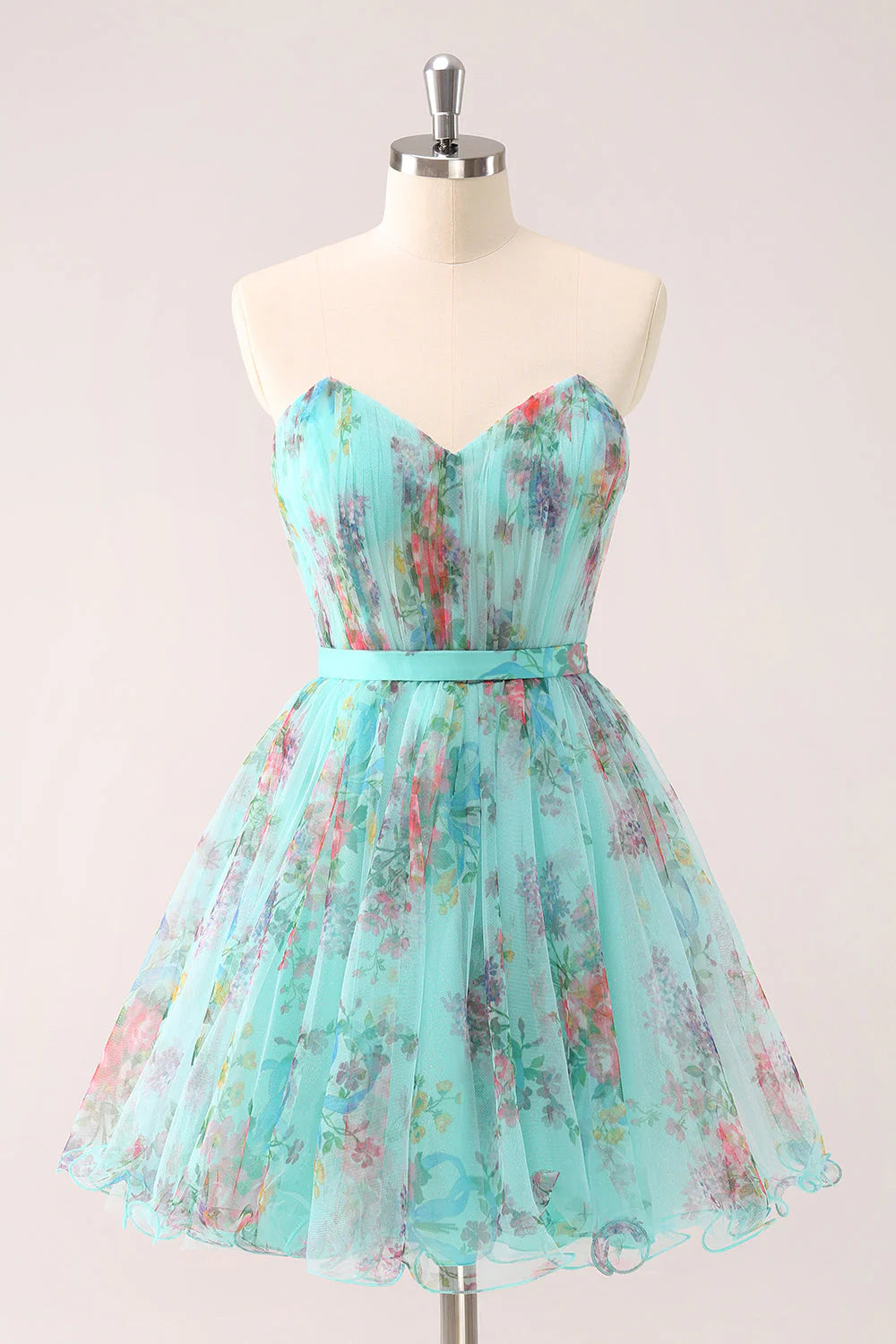 Amzcw Fluffy A Line Green Strapless Ruched Floral Short Homecoming Dress with Bow