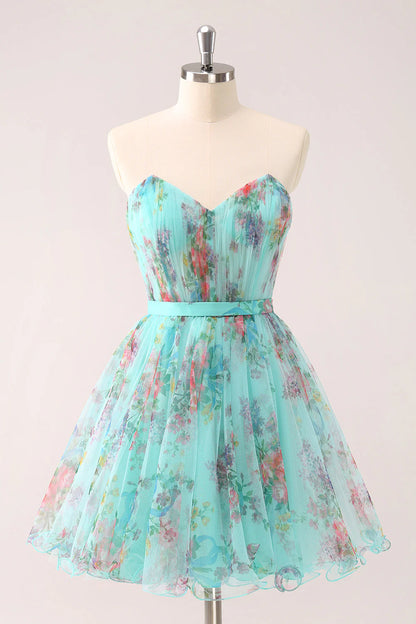 Amzcw Fluffy A Line Green Strapless Ruched Floral Short Homecoming Dress with Bow