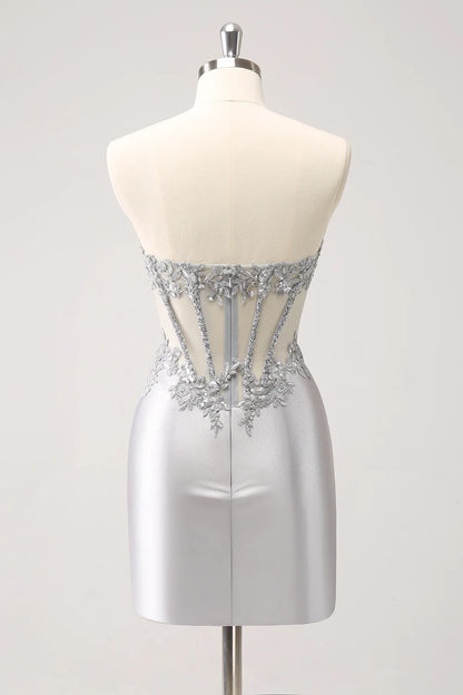 Amzcw Glitter Silver Corset Strapless Homecoming Dress