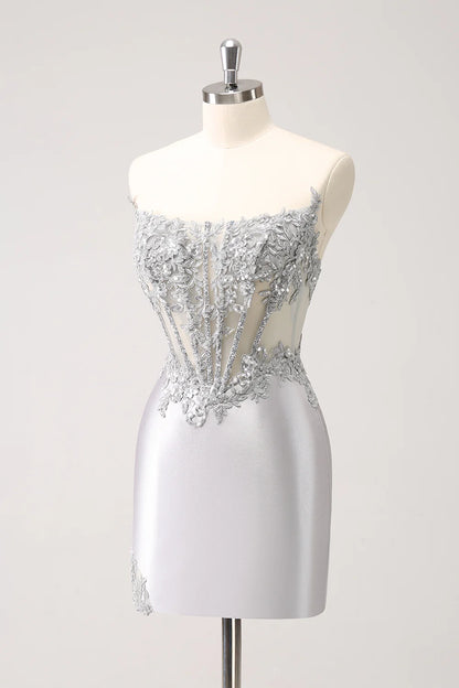Amzcw Glitter Silver Corset Strapless Homecoming Dress