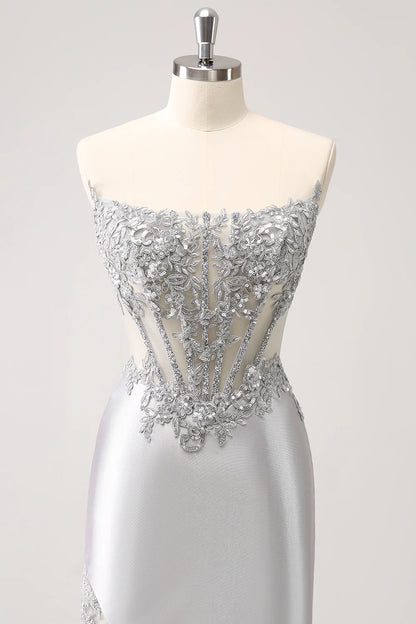 Amzcw Glitter Silver Corset Strapless Homecoming Dress