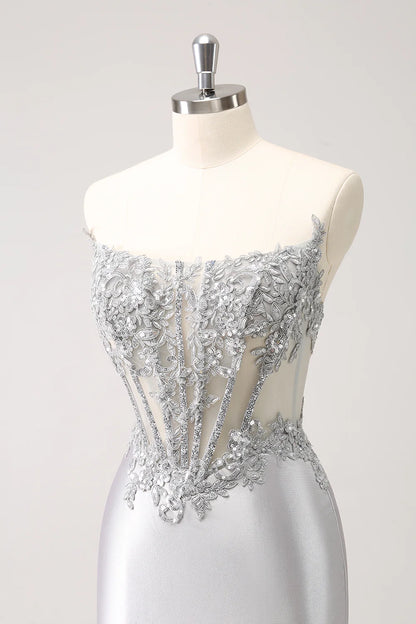 Amzcw Glitter Silver Corset Strapless Homecoming Dress